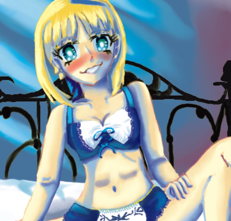May include: A blonde anime character with blue eyes and pink cheeks is wearing a blue and white lace bra and matching underwear. She is sitting on a bed with a black metal headboard.