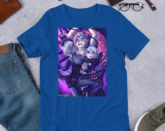 May include: Royal blue t-shirt featuring a colorful anime-style illustration. The artwork depicts three figures with white hair and dark clothing, set against a purple and pink background. The shirt is made of a soft material.
