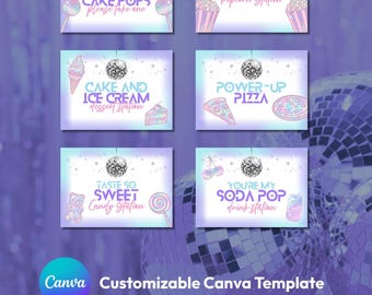 May include: A collection of six party signs with a disco ball theme. Each sign features a different dessert or drink station, such as "Cake Pops" and "Soda Pop." The signs are in shades of purple, blue, and pink, with decorative elements.