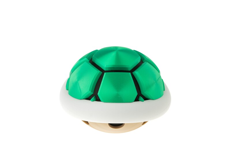 May include: A green and white shell with a segmented, dome-shaped top. The shell is a popular item in video games.