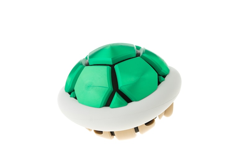 May include: A green and white shell with a textured surface, resembling a turtle shell. This is a popular item in video games.