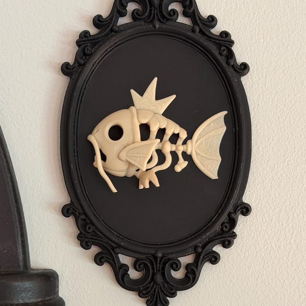 Gothic Pokémon Wall Art | Magikarp Skeleton in Ornate Black Frame | Creepy Cute 3D Printed Décor | Gift for Pokémon Fans