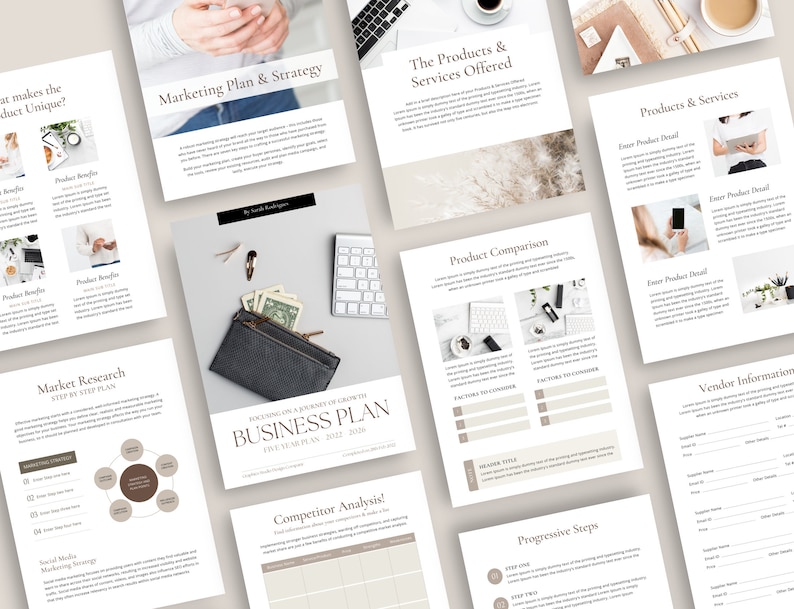 May include: A business plan template with sections for market research, competitor analysis, product comparison, and progressive steps. The template is designed to help entrepreneurs create a comprehensive business plan.
