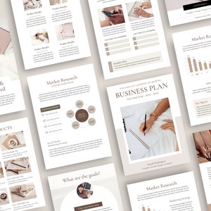 May include: A business plan template with a beige and brown color scheme. The document includes sections for market research, vision and mission, and the products and services offered. The text "Focusing on a Journey of Growth" and "Business Plan" are in a large font size.