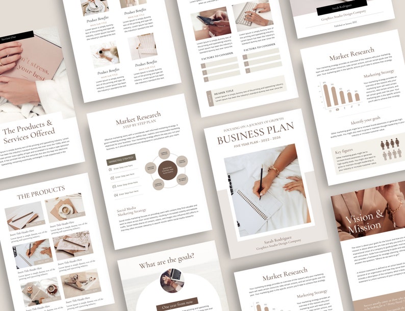 May include: A business plan template with a beige and brown color scheme. The document includes sections for market research, vision and mission, and the products and services offered. The text "Focusing on a Journey of Growth" and "Business Plan" are in a large font size.