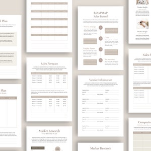 May include: A beige and white business plan template with sections for financial plan, market plan, sales forecast, competitor analysis, roadmap, sales funnel, vendor information, and market research. The template includes tables, charts, and graphs to help businesses plan and track their progress.