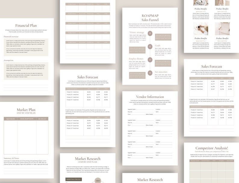 May include: A beige and white business plan template with sections for financial plan, market plan, sales forecast, competitor analysis, roadmap, sales funnel, vendor information, and market research. The template includes tables, charts, and graphs to help businesses plan and track their progress.