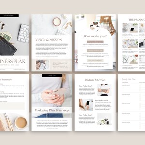 May include: A business plan template with sections for vision and mission, executive summary, marketing plan and strategy, products and services, and yearly goals. The template is designed for a business owner to outline their business goals and strategies.