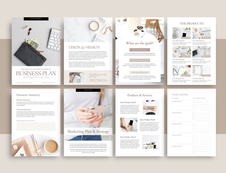 May include: A business plan template with sections for vision and mission, executive summary, marketing plan and strategy, products and services, and yearly goals. The template is designed for a business owner to outline their business goals and strategies.