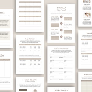 May include: A beige and brown printable business planner with sections for financial plan, market plan, sales forecast, market research, competitor analysis, and roadmap sales funnel. The planner includes tables and charts for tracking progress and goals.