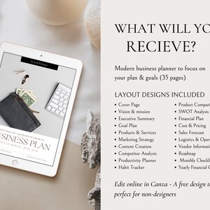 May include: A digital tablet displaying a business plan template with the title "Focusing on a Journey of Growth Business Plan Five Year Plan 2022-2026". The text "What Will You Receive?" is displayed in a large font above a list of business plan layout designs included in the template. The text "Edit online in Canva - A free design tool perfect for non-designers" is displayed at the bottom of the image.