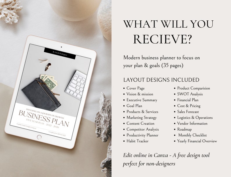 May include: A digital tablet displaying a business plan template with the title "Focusing on a Journey of Growth Business Plan Five Year Plan 2022-2026". The text "What Will You Receive?" is displayed in a large font above a list of business plan layout designs included in the template. The text "Edit online in Canva - A free design tool perfect for non-designers" is displayed at the bottom of the image.