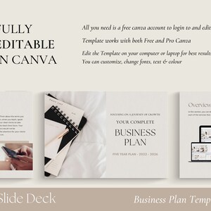 Puede incluir: Una diapositiva de plantilla de plan de negocios con fondo blanco y texto negro. El texto dice "Focusing on a journey of growth, your complete business plan, five year plan - 2022-2026".