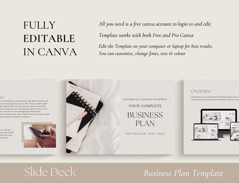 Puede incluir: Una diapositiva de plantilla de plan de negocios con fondo blanco y texto negro. El texto dice "Focusing on a journey of growth, your complete business plan, five year plan - 2022-2026".