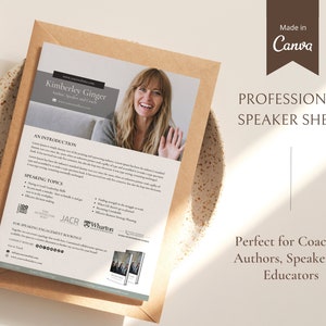 Speaker Sheet Canva Template, One Sheet, Author, Coach profile, Professional Speaker Sheet