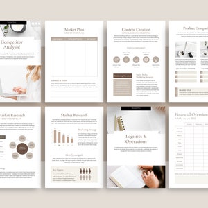 May include: A printable business plan template with sections for market research, competitor analysis, content creation, product comparison, logistics and operations, and financial overview. The template is designed with a minimalist aesthetic using a neutral color palette of white, beige, and brown.