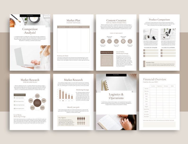 May include: A printable business plan template with sections for market research, competitor analysis, content creation, product comparison, logistics and operations, and financial overview. The template is designed with a minimalist aesthetic using a neutral color palette of white, beige, and brown.