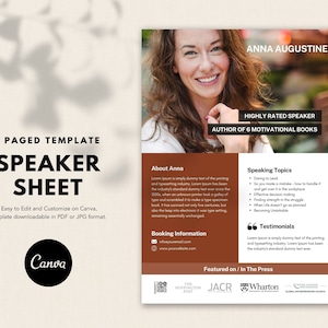 Speaker One Sheet, Speaker Sheet, one Sheet template, Speaker Sheet Canva, Speaker Sheet template, Professional Speaker Sheet, Professional
