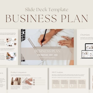 Puede incluir: Una plantilla de diapositivas de plan de negocios con un esquema de color beige y marr&oacute;n. La diapositiva de t&iacute;tulo presenta el texto "Plan de Negocios" en una fuente grande y en negrita. Las otras diapositivas incluyen secciones para una descripci&oacute;n general, un plan de marketing y estrategia, una comparaci&oacute;n de productos, un an&aacute;lisis FODA y testimonios.
