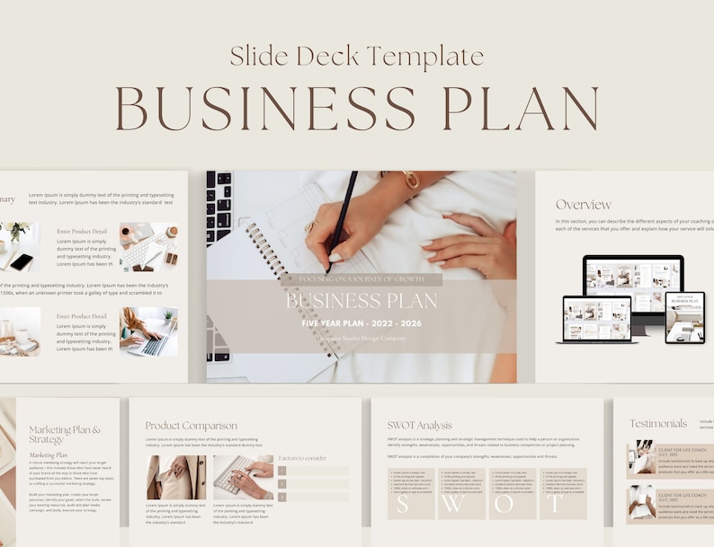 Puede incluir: Una plantilla de diapositivas de plan de negocios con un esquema de color beige y marr&oacute;n. La diapositiva de t&iacute;tulo presenta el texto "Plan de Negocios" en una fuente grande y en negrita. Las otras diapositivas incluyen secciones para una descripci&oacute;n general, un plan de marketing y estrategia, una comparaci&oacute;n de productos, un an&aacute;lisis FODA y testimonios.