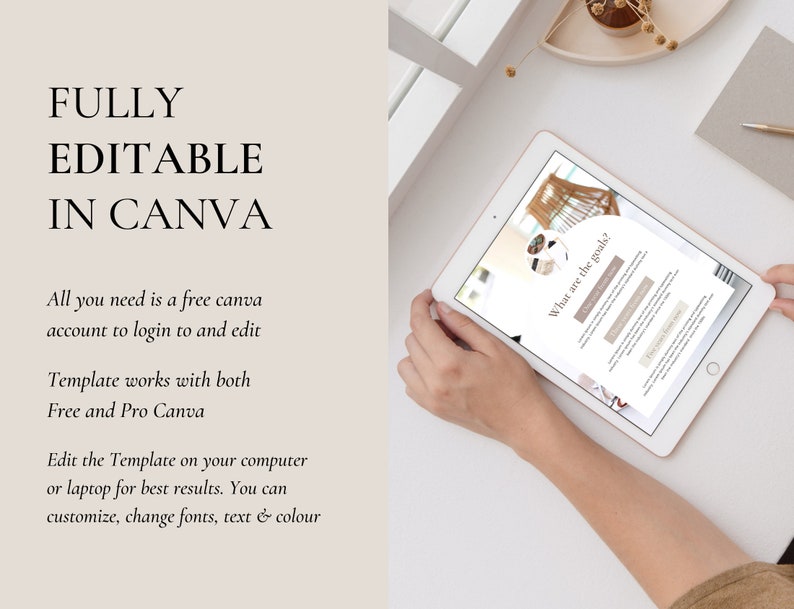 May include: A tablet displaying a digital template for goal setting. The template is titled "What are the goals?" and includes sections for "Personal Goals" and "Business Goals". The template is fully editable in Canva, a free online design platform.
