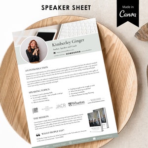 Speaker Sheet Canva Template, One Sheet, Author, Coach profile, Professional Speaker Sheet