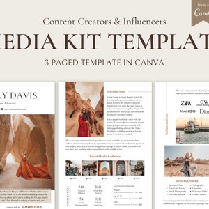 May include: A media kit template for content creators and influencers. The template is designed for use in Canva and includes a cover page with the title "Cherry Davis, Content Creator, Wellness Advocate", a page with an introduction and social media audience statistics, and a page with a list of collaborations and services offered.