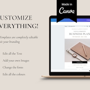 May include: A laptop computer screen displaying a business plan template with the text "Your Complete Business Plan" and "Five Year Plan - 2022 - 2026". The template features a notebook, pen, and watch. The text "Made in Canva" is visible in the upper right corner of the screen.