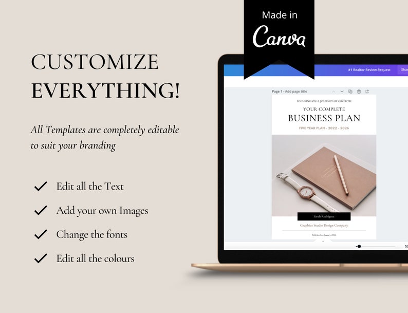 May include: A laptop computer screen displaying a business plan template with the text "Your Complete Business Plan" and "Five Year Plan - 2022 - 2026". The template features a notebook, pen, and watch. The text "Made in Canva" is visible in the upper right corner of the screen.