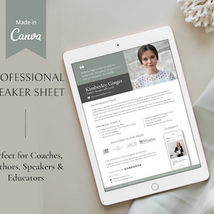 Speaker Sheet Canva Template, One Sheet, Author, Coach profile, Professional Speaker Sheet, Motivational Spaker