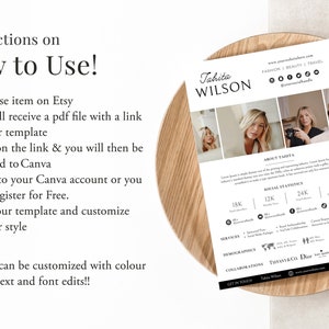 May include: A white and black template design with the name "Tahita WILSON" and instructions on how to use it. The template includes social statistics, services, and collaborations. The text says "Instructions on How to Use!" and "All pages can be customized with color changes, text and font edits!!"