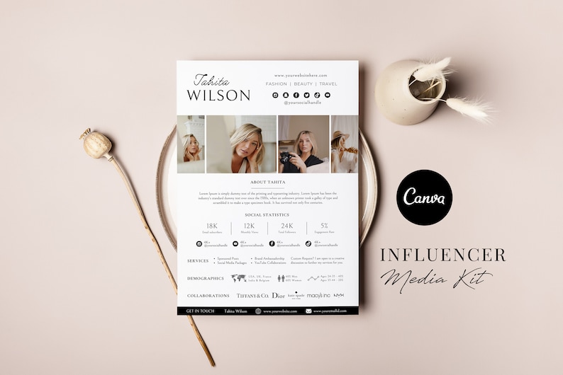 May include: A white influencer media kit with the name "Tahita Wilson" in elegant script. The kit includes photos, social statistics, and a Canva logo. The background is a soft, neutral color.