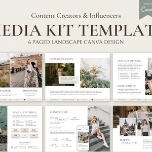 May include: A six-page media kit template designed for content creators and influencers. The template features a neutral color palette with a modern aesthetic. The template includes sections for an introduction, social statistics, case studies, services offered, and contact information.