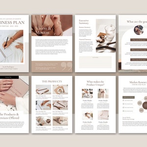 May include: A business plan template with a beige and white color scheme. The document includes sections for vision and mission, executive summary, products and services, market research, and goals. The document includes images of a person writing in a notebook, a cup of coffee, and a person working on a laptop.