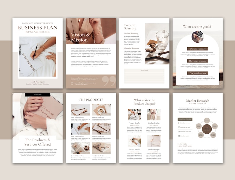 May include: A business plan template with a beige and white color scheme. The document includes sections for vision and mission, executive summary, products and services, market research, and goals. The document includes images of a person writing in a notebook, a cup of coffee, and a person working on a laptop.