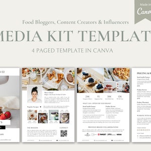 May include: A four-page media kit template for food bloggers, content creators, and influencers. The template is designed in Canva and includes sections for pricing and rates, working with the brand, and previous brand collaborations. The template features a minimalist design with a white background and black text.