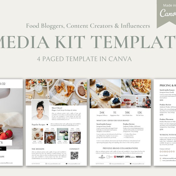 Content Creator Media Kit, Influencer Media Kit Canva Template, Social Media Influencer, Blogger Media Kit, Food Blogger Media Kit