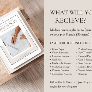 May include: A digital mockup of a business plan template on a tablet. The template is titled "Business Plan" and includes a five-year plan from 2022 to 2026. The text "What Will You Receive?" is displayed on the right side of the image, along with a list of layout designs included in the template.