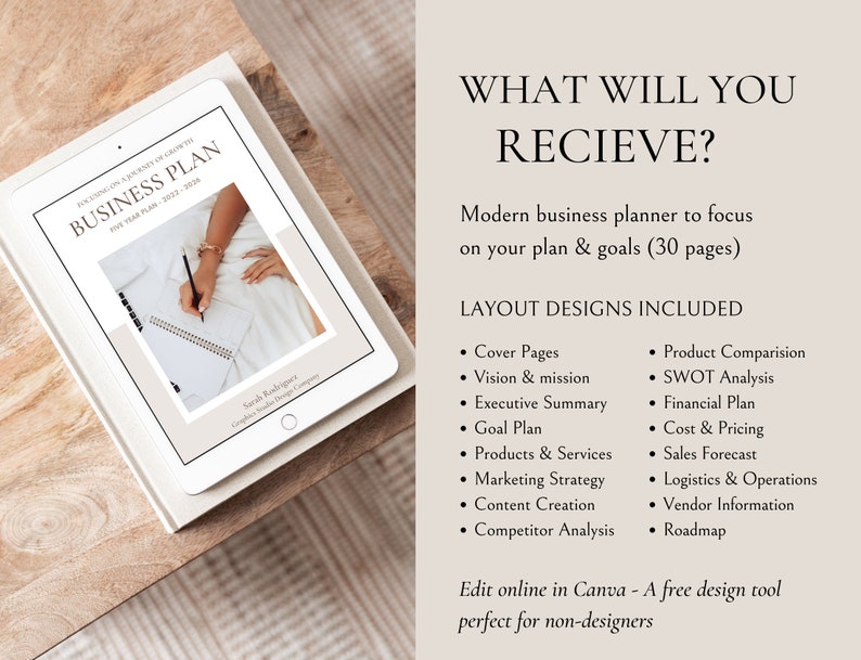 May include: A digital mockup of a business plan template on a tablet. The template is titled "Business Plan" and includes a five-year plan from 2022 to 2026. The text "What Will You Receive?" is displayed on the right side of the image, along with a list of layout designs included in the template.