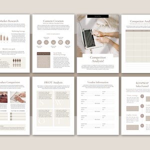 May include: A printable worksheet with a beige background and brown text. The worksheet is divided into sections with titles such as "Market Research", "Content Creation", "Competitor Analysis", "Product Comparison", "SWOT Analysis", "Vendor Information", and "Roadmap Sales Funnel".
