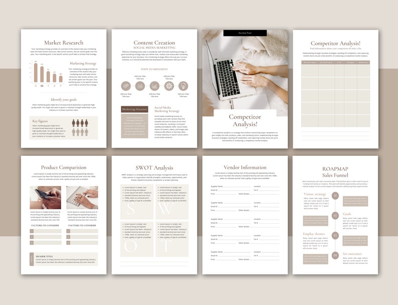 May include: A printable worksheet with a beige background and brown text. The worksheet is divided into sections with titles such as "Market Research", "Content Creation", "Competitor Analysis", "Product Comparison", "SWOT Analysis", "Vendor Information", and "Roadmap Sales Funnel".