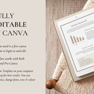 May include: A white tablet computer displaying a marketing research template with a bar graph, text, and icons. The text on the tablet reads "Market Research", "Marketing Strategy", "Identify your goals", and "Key Figures". The tablet is lying on a beige woven surface.
