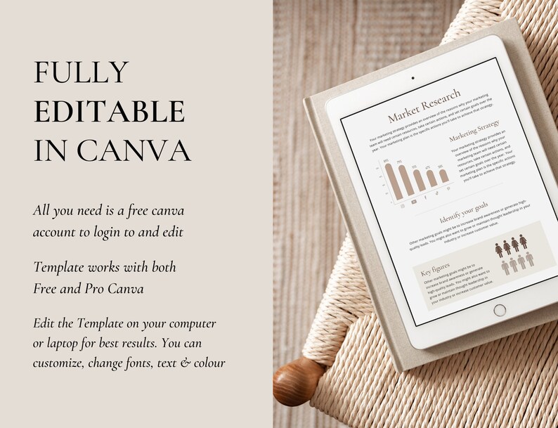 May include: A white tablet computer displaying a marketing research template with a bar graph, text, and icons. The text on the tablet reads "Market Research", "Marketing Strategy", "Identify your goals", and "Key Figures". The tablet is lying on a beige woven surface.