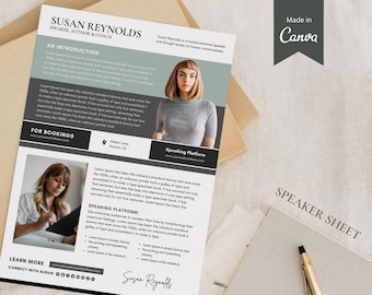 Speaker Sheet Canva Template, One Sheet, Author, Coach profile, Professional Speaker Sheet