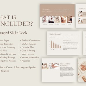 Puede incluir: Una presentaci&oacute;n de diapositivas beige y marr&oacute;n con el texto "WHAT IS INCLUDED?" y "50 paged Slide Deck". La presentaci&oacute;n incluye una lista de elementos como "Cover Pages", "Vision & mission", "Executive Summary", "Goal Plan", "Products & Services", "Marketing Strategy", "Competitor Analysis", "Product Comparison", "SWOT Analysis", "Financial Plan", "Cost & Pricing", "Sales Forecast", "Vendor Information" y "Roadmap". La presentaci&oacute;n tambi&eacute;n incluye una secci&oacute;n titulada "Edit online in Canva - A free design tool perfect for non-designers".