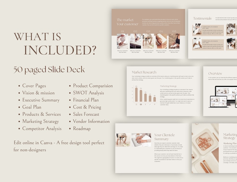 Puede incluir: Una presentaci&oacute;n de diapositivas beige y marr&oacute;n con el texto "WHAT IS INCLUDED?" y "50 paged Slide Deck". La presentaci&oacute;n incluye una lista de elementos como "Cover Pages", "Vision & mission", "Executive Summary", "Goal Plan", "Products & Services", "Marketing Strategy", "Competitor Analysis", "Product Comparison", "SWOT Analysis", "Financial Plan", "Cost & Pricing", "Sales Forecast", "Vendor Information" y "Roadmap". La presentaci&oacute;n tambi&eacute;n incluye una secci&oacute;n titulada "Edit online in Canva - A free design tool perfect for non-designers".