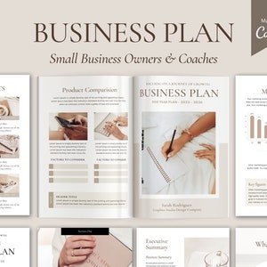 May include: A beige and brown business plan template with the title "Business Plan" and the subtitle "Small Business Owners & Coaches". The template includes sections for "The Products", "Product Comparison", "Market Research", "Executive Summary", and "What are the goals".