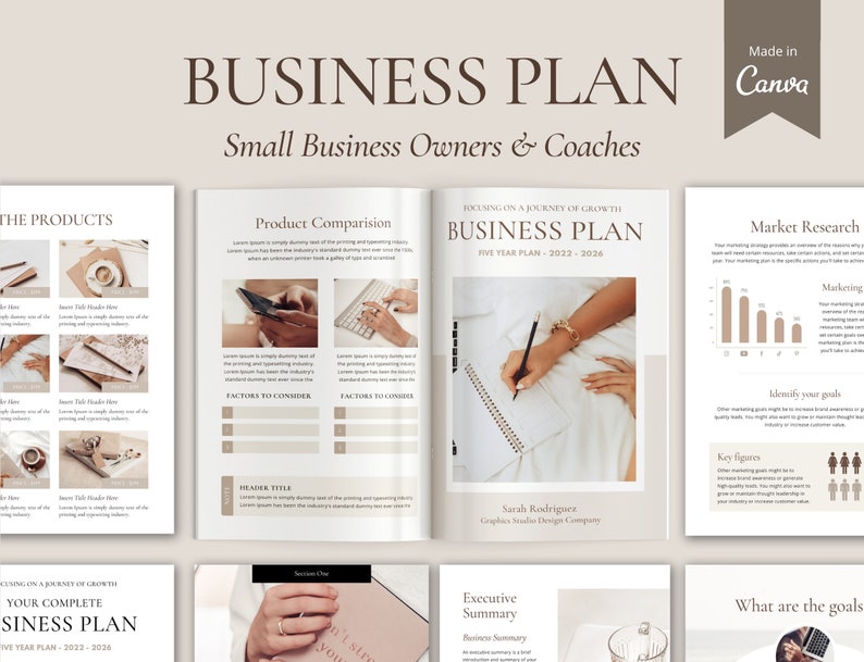 May include: A beige and brown business plan template with the title "Business Plan" and the subtitle "Small Business Owners & Coaches". The template includes sections for "The Products", "Product Comparison", "Market Research", "Executive Summary", and "What are the goals".