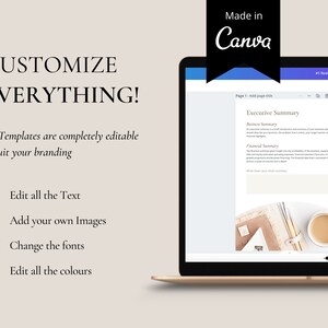May include: A laptop screen displaying a Canva template for an executive summary. The template is customizable with text, images, fonts, and colors. The text on the screen reads "Executive Summary" and "Business Summary".
