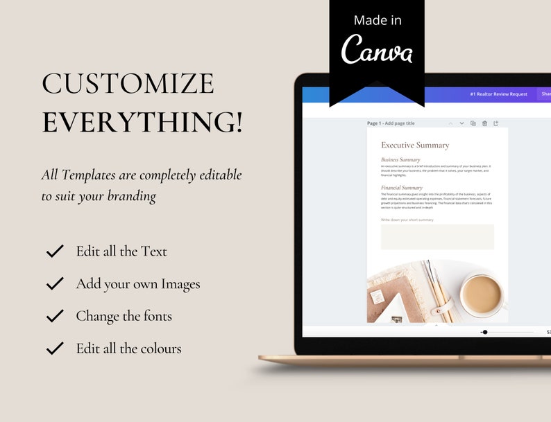 May include: A laptop screen displaying a Canva template for an executive summary. The template is customizable with text, images, fonts, and colors. The text on the screen reads "Executive Summary" and "Business Summary".